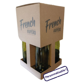 Coffret carton 4 bouteilles 75 cl pour vin et spiritueux. Élégant, robuste et 100 % recyclable, il protège, transporte et met en valeur vos bouteilles grâce à son design ouvert. Personnalisation complète, montage rapide, disponible en carton brun ou blanc premium.