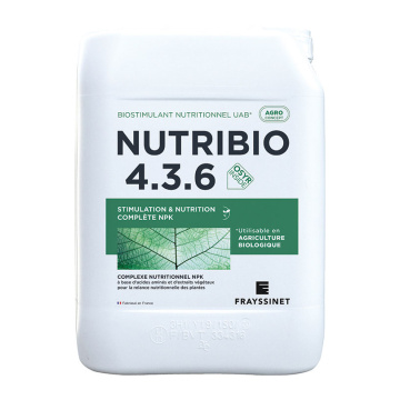 Engrais organique biostimulant liquide Nutribio 4.3.6 NPK pour la vigne avec stimulateur de croissance racinaire homologué utilisable en viticulture biologique
