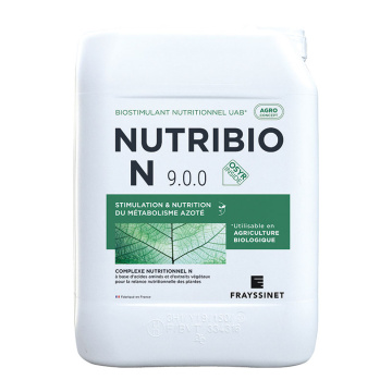 Nutribio N Biostimulant nutritionnel azoté pour la vigne utilisable en agriculture biologique. Amélioration du taux d’azote assimilable, optimisation du profil fraîcheur des vins.