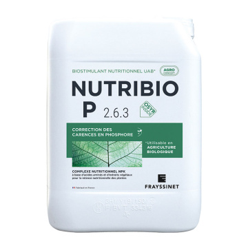 Nutribio P Biostimulant nutritionnel Phosphore pour la vigne utilisable en agriculture biologique. Équilibre NPK (2.6.3) riche en  phosphore assimilable d’origine végétale et relance la photosynthèse au démarrage.