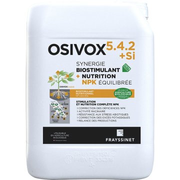 Osivox 5.4.2+SI Biostimulant nutritionnel avec Silicium pour la vigne. Relance le démarrage des cultures et évite les excès potassiques de la vigne. Utilisable en agriculture biologique