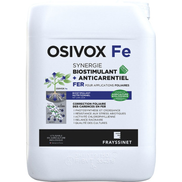 OSIVOX Fe Biostimulant nutritionnel Fer pour applications foliaires sur la vigne. Relance de la photosynthèse des feuilles en situation de déficiences en fer. Utilisable en agriculture biologique.