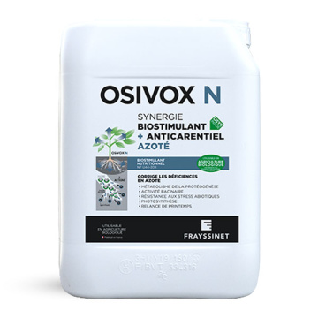 Osivox N Biostimulant nutritionnel azoté pour la vigne. Équilibre nutritionnel N à base d’acides aminés. Relance la photosynthèse en situation de déficience et optimisation du métabolisme de la protéogénèse. Utilisable en agriculture biologique.